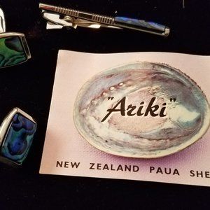 ARIKA Paua Shell Tie Clip & Cuff Links NEW Silver